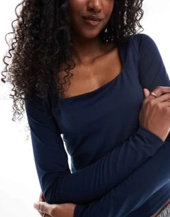 Hollister Square Neck Long Sleeve Top In Navy For Women -Hollister Shop 207894385 3