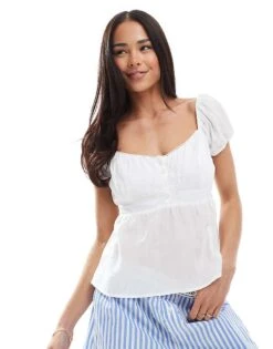 Hollister Short Puff Sleeve Button Detail Babydoll Top In White For Women