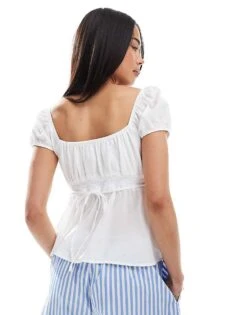 Hollister Short Puff Sleeve Button Detail Babydoll Top In White For Women -Hollister Shop 207894472 4