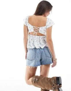 Hollister Frilly Sleeve Babydoll Top In Blue Floral For Women Multi -Hollister Shop 207894507 4