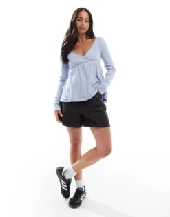 Hollister Long Sleeve Babydoll Pointelle I Top In Blue For Women -Hollister Shop 207894526 3