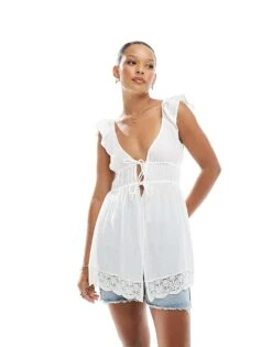 Hollister Allover Lace Tie Front Mini Skater Dress With Kimono Sleeves In White For Women -Hollister Shop 207894577 4
