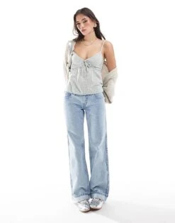 Hollister Textured Cami Strap Babydoll Top In Green Gingham For Women -Hollister Shop 207894579 4