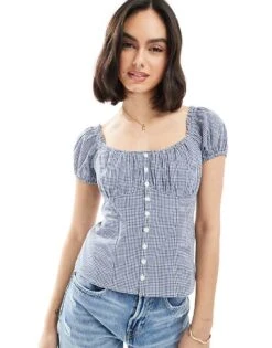 Hollister Slim Button Through Puff Sleeve Top In Blue For Women