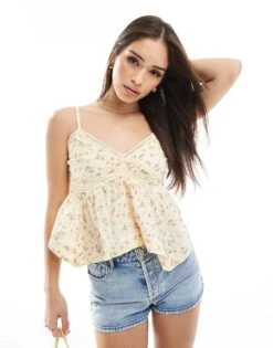 Hollister Cami Strap Handkerchief Hem Top In Yellow Floral For Women