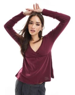 Hollister Long Sleeve Babydoll Pointelle Top In Burgundy For Women Maroon -Hollister Shop 207894730 1 maroon 1