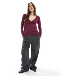 Hollister Long Sleeve Babydoll Pointelle Top In Burgundy For Women Maroon -Hollister Shop 207894730 3