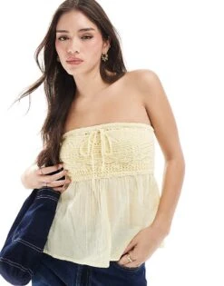 Hollister Sleeveless Crochet Detail Strapless Top In Lemon For Women