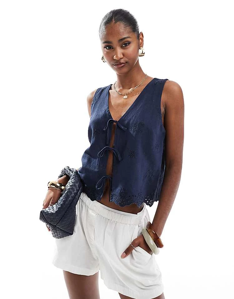 Hollister Tie Front Linen Top In Navy Blue For Women 7 Hollister Tie Front Linen Top In Navy Blue For Women - Image 5