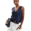 Hollister Tie Front Linen Top In Navy Blue For Women