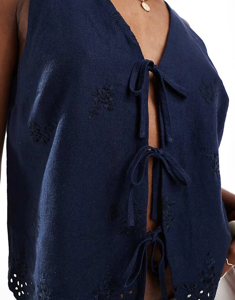 Hollister Tie Front Linen Top In Navy Blue For Women 6 Hollister Tie Front Linen Top In Navy Blue For Women - Image 4