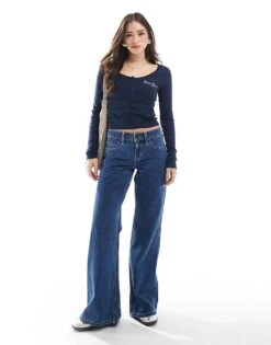 Hollister Low Rise Baggy Flare Jean In Ink Wash For Women Dark Blue