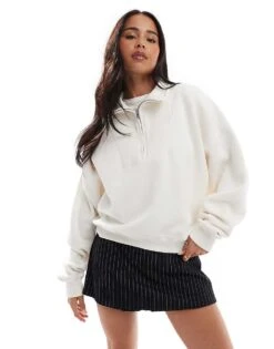 Hollister Oversized Ribbed Half Zip Sweat Top In White For Women