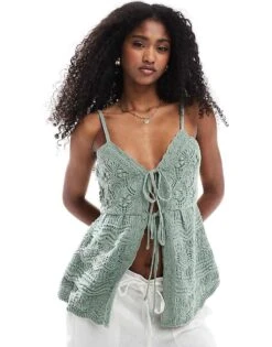 Hollister Tie Front Crochet Top In Green For Women -Hollister Shop 207895676 1 green 1