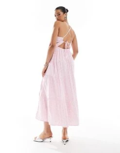 Hollister Open Back Maxi Dress With Thigh Split In Pink Ditsy Print For Women Multi