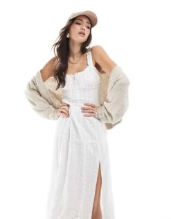 Hollister Embroidered Eyelet Detail Shirred Bust Maxi Dress With Thigh Split In White For Women Zen Blue
