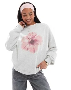 Hollister Motif Sweat Top In Grey For Women