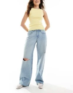 Hollister High Rise Distressed Baggy Jean In Medium Blue For Women