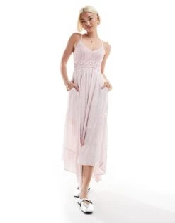 Hollister Crochet & Woven Mix Maxi Dress With Hanky Hem In Pink Swirl Print For Women Multi