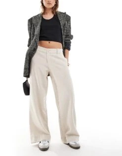 Hollister Low Rise Linen Wide Leg Trouser In Oatmeal For Women