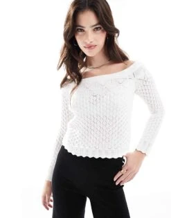 Hollister Off Shoulder Crochet Jumper In White For Women
