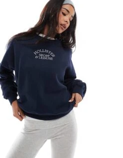 Hollister Script Logo Sweat Top In Navy For Women