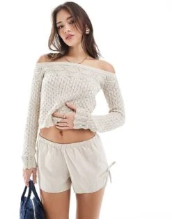 Hollister Off Shoulder Crochet Jumper In Oatmeal For Women