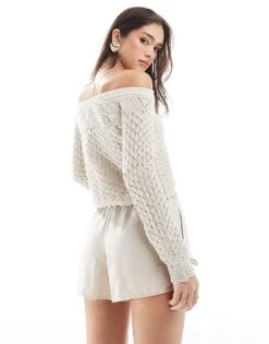 Hollister Off Shoulder Crochet Jumper In Oatmeal For Women -Hollister Shop 207896058 3