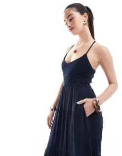Hollister Crochet & Woven Mix Maxi Dress With Hanky Hem In Navy For Women -Hollister Shop 207896059 3
