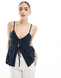 Hollister Tie Front Crochet Top In Navy For Women -Hollister Shop 207896076 1 navy 1