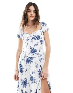 Hollister Off Shoulder Sweetheart Midaxi Dress With High Thigh Split In Blue Florals For Women Multi -Hollister Shop 207896112 3