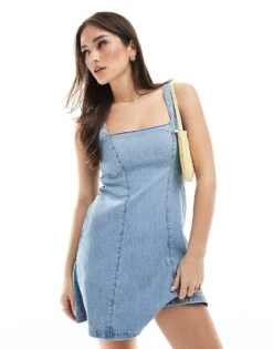 Hollister Square Neck Tie Back Structured Mini Dress In Denim For Women Denim Blue -Hollister Shop 207896130 1 denimblue 1