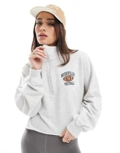 Hollister Cropped Half Zip Sweat Top With Raw Hem Detail In Charcoal For Women