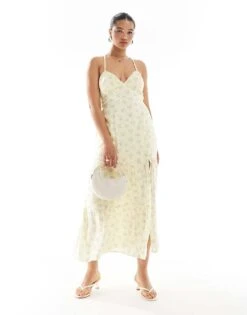 Hollister Open Back Maxi Dress With Thigh Split In Yellow Ditsy Floral Print For Women -Hollister Shop 207896182 1 yellow 1