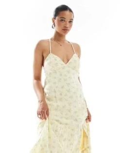 Hollister Open Back Maxi Dress With Thigh Split In Yellow Ditsy Floral Print For Women -Hollister Shop 207896182 2