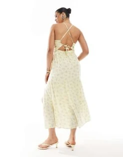 Hollister Open Back Maxi Dress With Thigh Split In Yellow Ditsy Floral Print For Women -Hollister Shop 207896182 4
