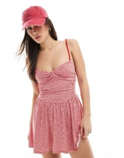 Hollister Twist Bust Drop Waist Skort Dress In Red Gingham For Women