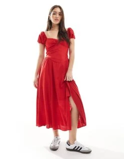 Hollister Off Shoulder Sweetheart Midaxi Dress With High Thigh Split In Blue Floral Print For Women Red -Hollister Shop 207896204 1 red 1