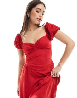 Hollister Off Shoulder Sweetheart Midaxi Dress With High Thigh Split In Blue Floral Print For Women Red -Hollister Shop 207896204 3