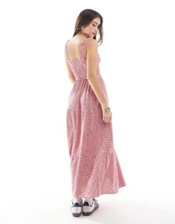 Hollister Embroidered Eyelet Detail Shirred Bust Maxi Dress With Thigh Split In Red Gingham For Women Multi -Hollister Shop 207896258 3