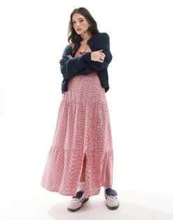 Hollister Embroidered Eyelet Detail Shirred Bust Maxi Dress With Thigh Split In Red Gingham For Women Multi -Hollister Shop 207896258 4