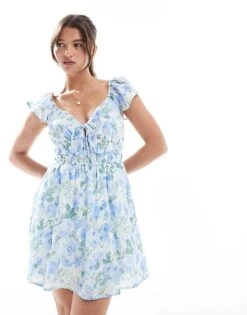 Hollister Short Sleeve Shirred Waist Detail Mini Skater Dress In Floral Print For Women Multi