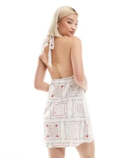 Hollister Halterneck Linen Mini Swing Dress In Contrast Geo Print For Women Multi -Hollister Shop 207896284 3