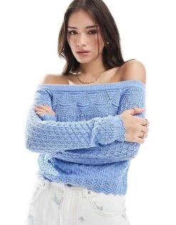 Hollister Off Shoulder Crochet Jumper In Light Blue For Women -Hollister Shop 207896309 1 lightblue 1