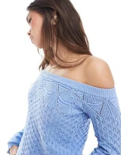 Hollister Off Shoulder Crochet Jumper In Light Blue For Women -Hollister Shop 207896309 3