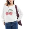 Hollister Off Shoulder Cherry Motif Jumper In White For Women