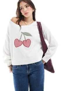 Hollister Off Shoulder Cherry Motif Jumper In White For Women