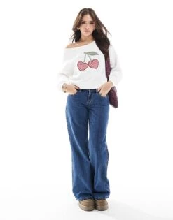 Hollister Off Shoulder Cherry Motif Jumper In White For Women -Hollister Shop 207896310 4