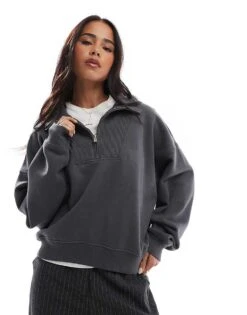 Hollister Oversized Ribbed Half Zip Sweat Top In Charcoal For Women