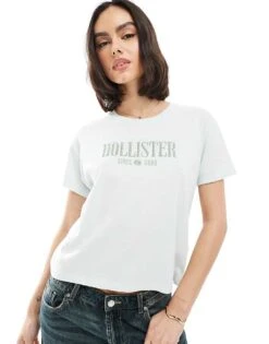 Hollister Script Logo T-shirt In Sage Green For Women Blue -Hollister Shop 207899622 1 blue 1